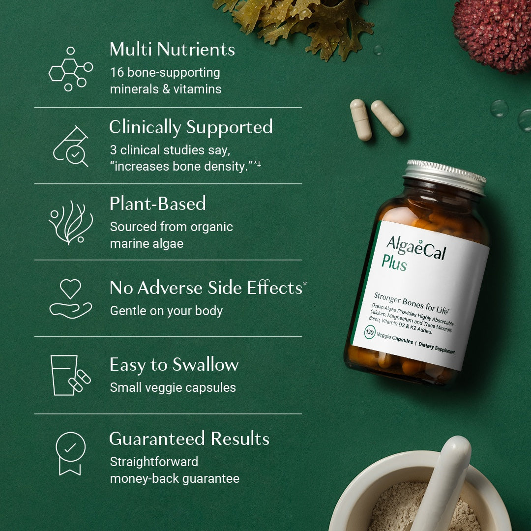 ALGAECAL* Organic Red Algae Calcium Supplement for Bone Density, Vitamin K2 MK7 (100 mg), Vitamin D3 (1600 IU)